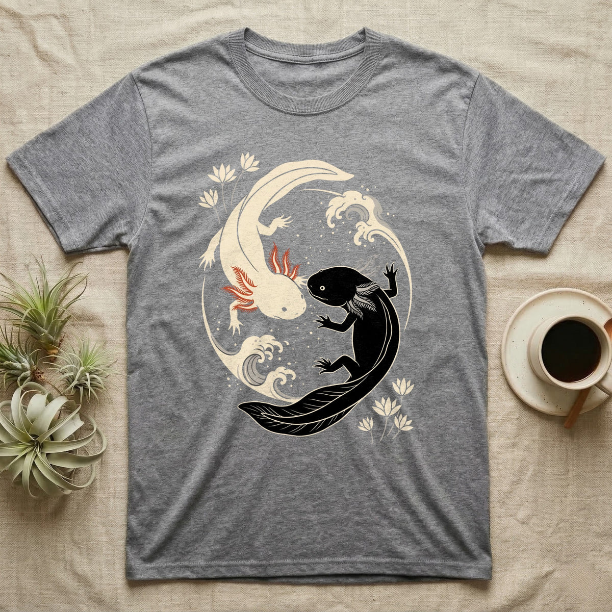 Axolotl Yin-Yang T-Shirt in Sport Grey — Japanese woodblock style print of a cream axolotl with red gills and a black axolotl curled nose to nose into a circle with waves and water lilies