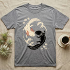 Axolotl Yin-Yang T-Shirt in Sport Grey — Japanese woodblock style print of a cream axolotl with red gills and a black axolotl curled nose to nose into a circle with waves and water lilies