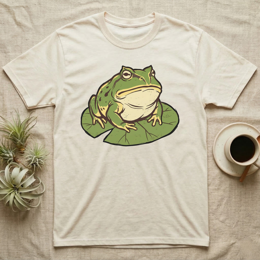 Cream t-shirt with a cartoon frog sitting on a green lily pad.