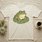 Cream t-shirt with a cartoon frog sitting on a green lily pad.