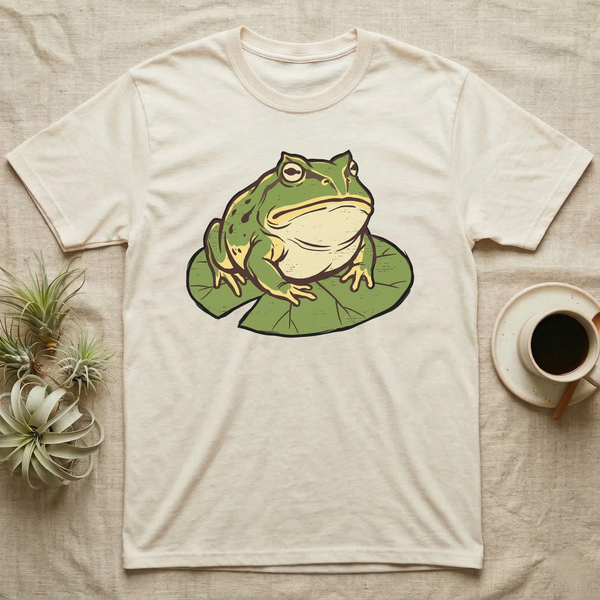 Cream t-shirt with a cartoon frog sitting on a green lily pad.