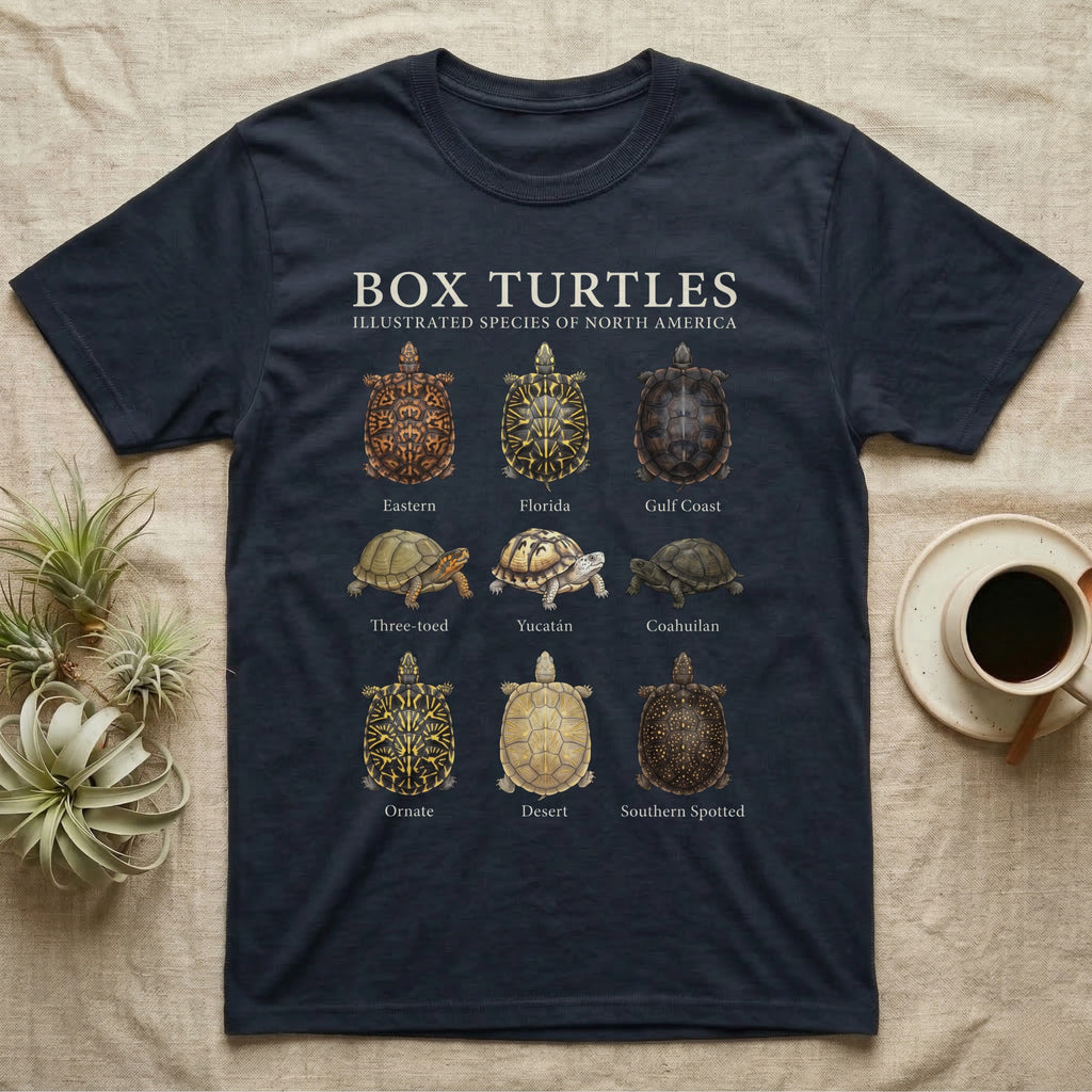 Box Turtle Chart T-Shirt in Navy — Watercolour chart of nine named North American box turtles under a cream serif Box Turtles title