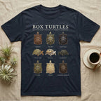 Box Turtle Chart T-Shirt in Navy — Watercolour chart of nine named North American box turtles under a cream serif Box Turtles title