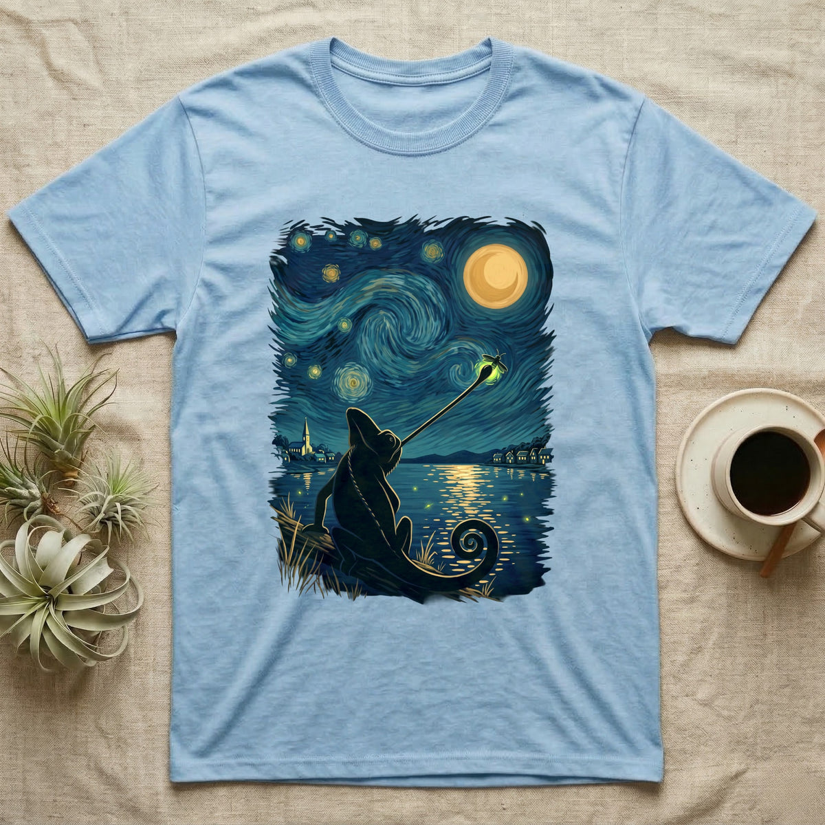 Veiled Chameleon Firefly T-Shirt in Light Blue — Veiled chameleon silhouette from behind catching a glowing firefly with its tongue in a swirling painted night sky