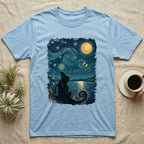 Veiled Chameleon Firefly T-Shirt in Light Blue — Veiled chameleon silhouette from behind catching a glowing firefly with its tongue in a swirling painted night sky