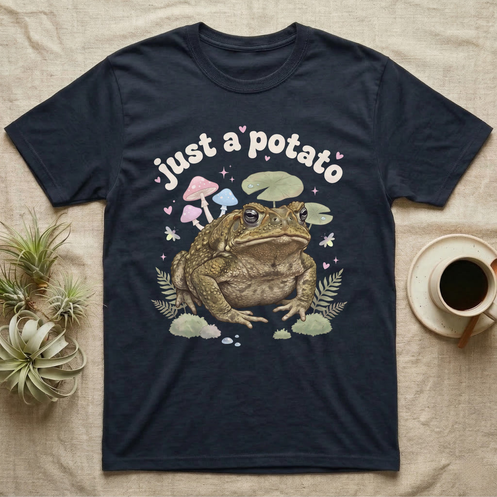 Cane Toad Baby T-Shirt in Navy — Warty cane toad among pastel toadstools and lily pads under puffy cream bubble text "just a potato".