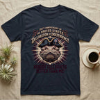 Bearded Dragon Declaration T-Shirt in Navy — Ornate engraved bearded dragon portrait in a tricorn hat on a cream sunburst with Nobody Celebrates Better Than Me.