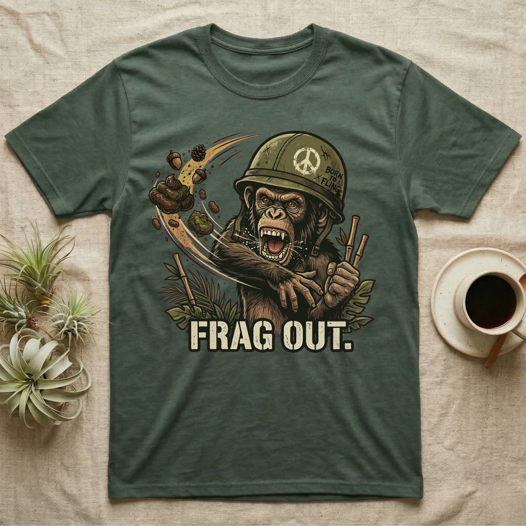 Green t-shirt with "FRAG OUT." and a chimpanzee in a military helmet.
