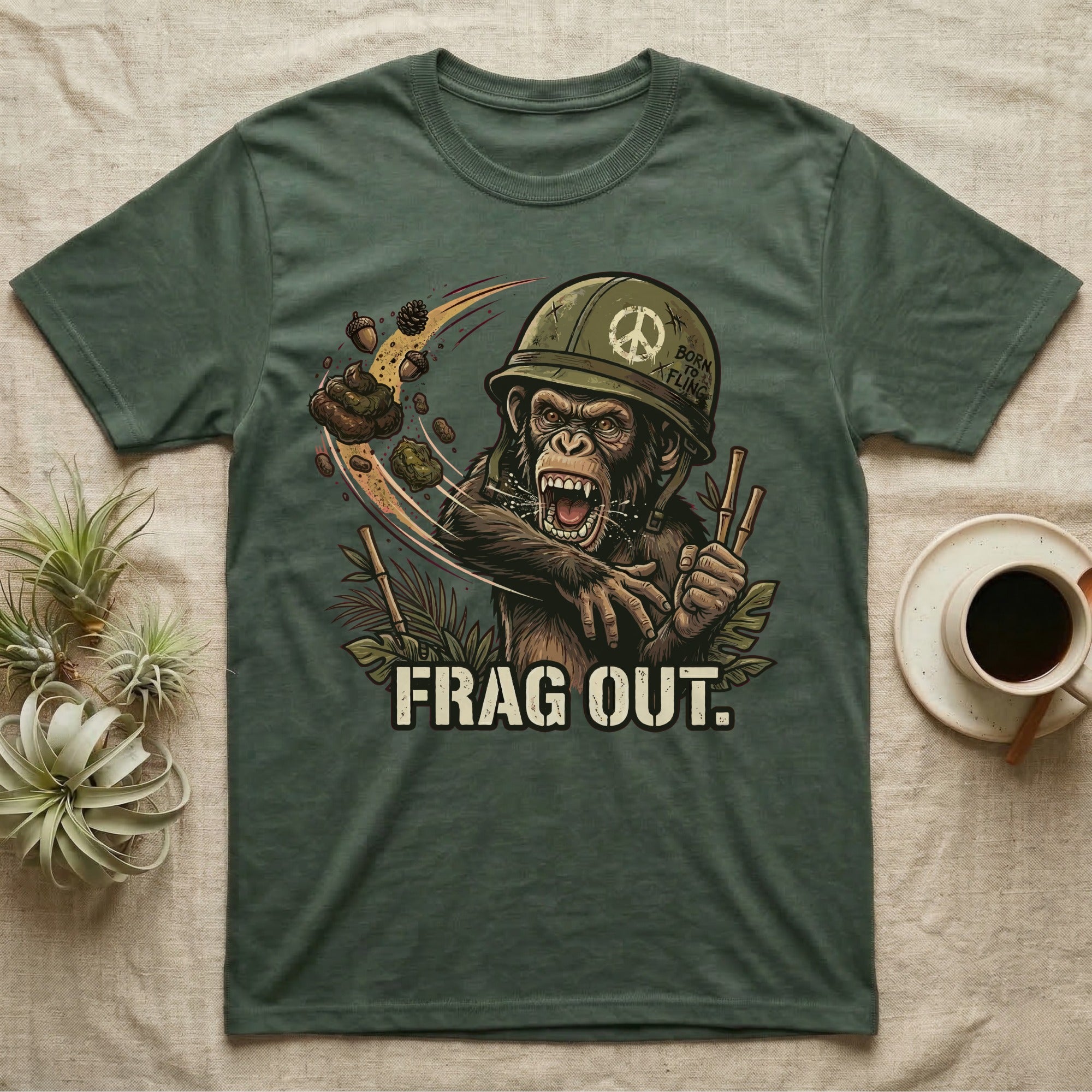Green t-shirt with "FRAG OUT." and a chimpanzee in a military helmet.