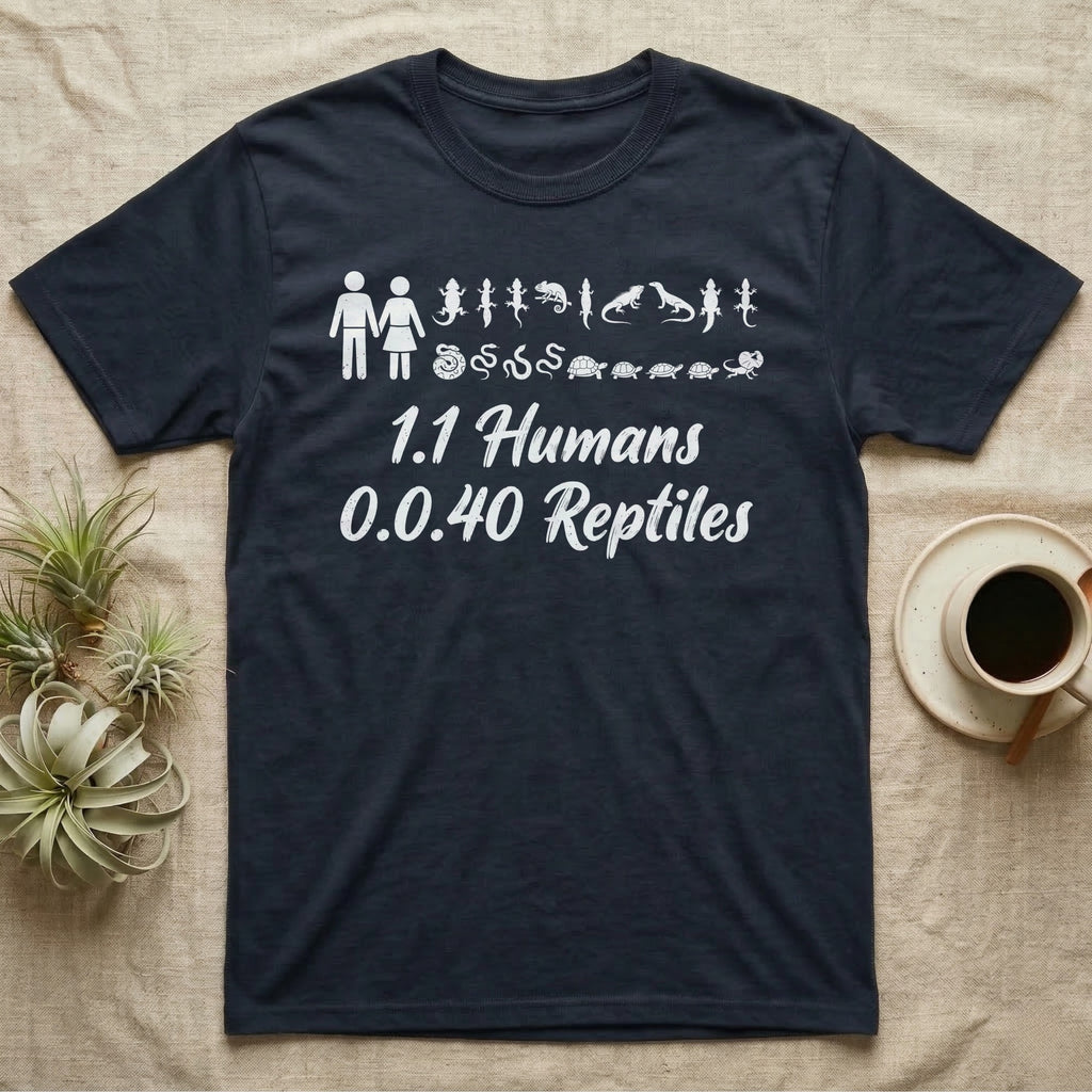 Reptile Family Decal T-Shirt in Navy — Stick-figure family decal of two humans beside two rows of reptile stickers, over script reading 1.1 Humans 0.0.40 Reptiles
