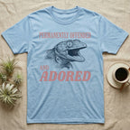 Tokay Gecko Permanently Offended T-Shirt in Light Blue — Engraved tokay gecko head with mouth open, Permanently Offended above and Adored in large type below.