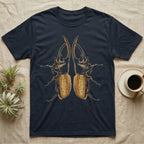 Vintage-engraving illustration of two mirrored Hercules beetles nose to nose with long curved thoracic horns, stippled ochre elytra, graphic-only, no text. — shown on a Navy tee.