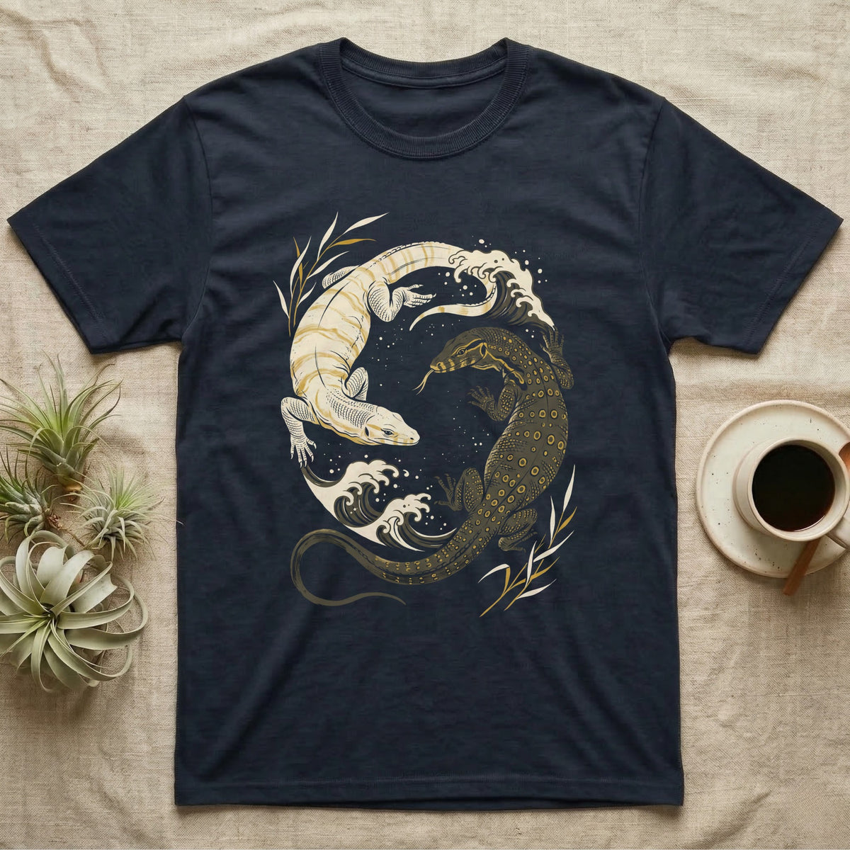 Water Monitor Yin-Yang T-Shirt in Navy — Woodblock print of two Asian water monitors, one charcoal and one albino, curled nose to nose into a circle with river waves