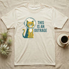 Cream t-shirt with a grumpy cat in a spacesuit saying "THIS IS AN OUTRAGE".