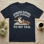 Fat-Tailed Gecko Snacking T-Shirt in Navy — Engraved fat-tailed gecko lounging on a stone with mealworms under Stress Eating Goes Straight To My Tail