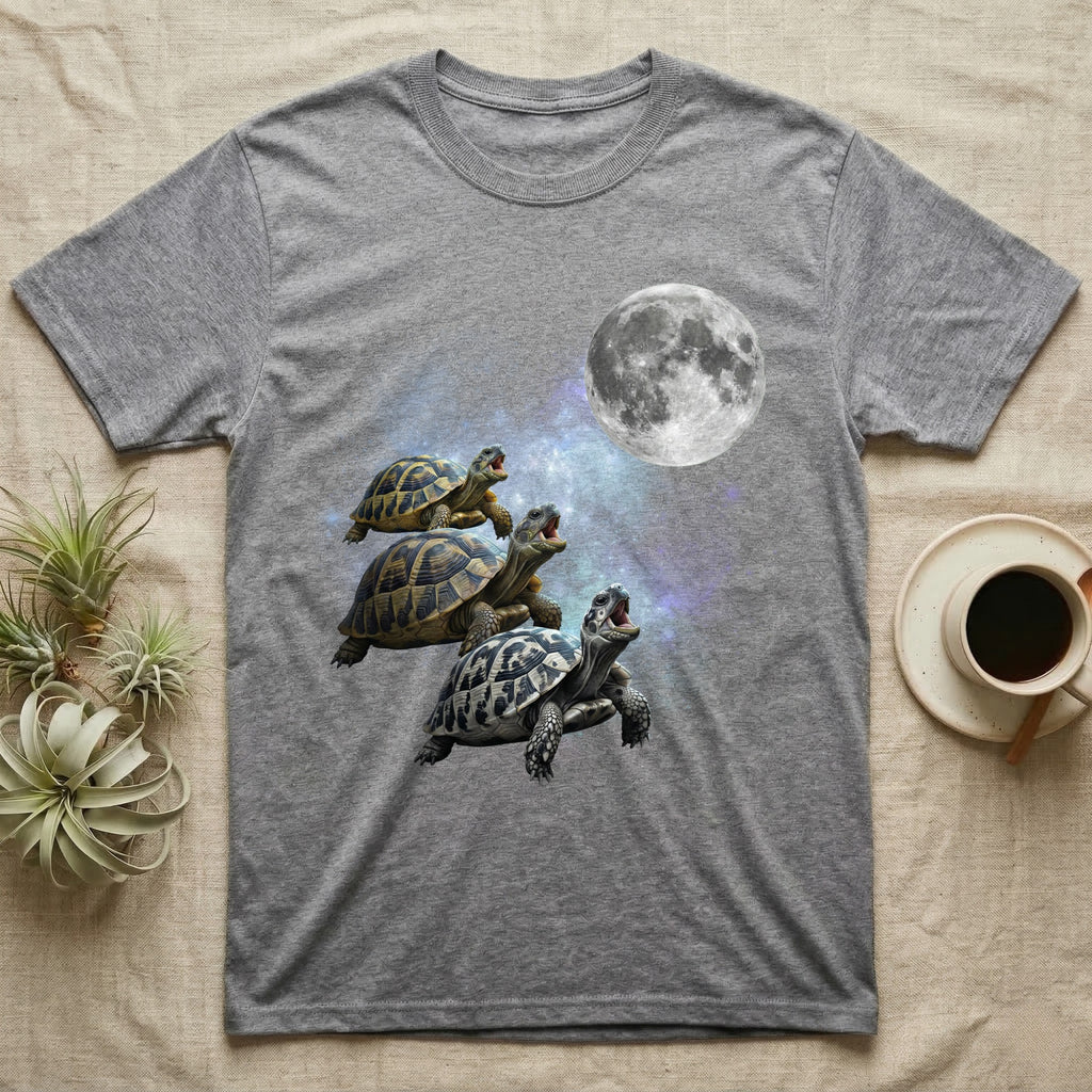 Hermann's Tortoise Moon Howl T-Shirt in Sport Grey — Three Hermann's Tortoise colour morphs howling at a full moon over a nebula on a dark grey t-shirt.