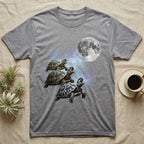 Hermann's Tortoise Moon Howl T-Shirt in Sport Grey — Three Hermann's Tortoise colour morphs howling at a full moon over a nebula on a dark grey t-shirt.