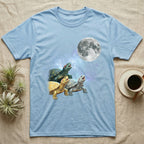 Red-Eared Slider Moon Howl T-Shirt in Light Blue — Three Red-Eared Slider colour morphs howling at a full moon over a nebula on a dark grey t-shirt.