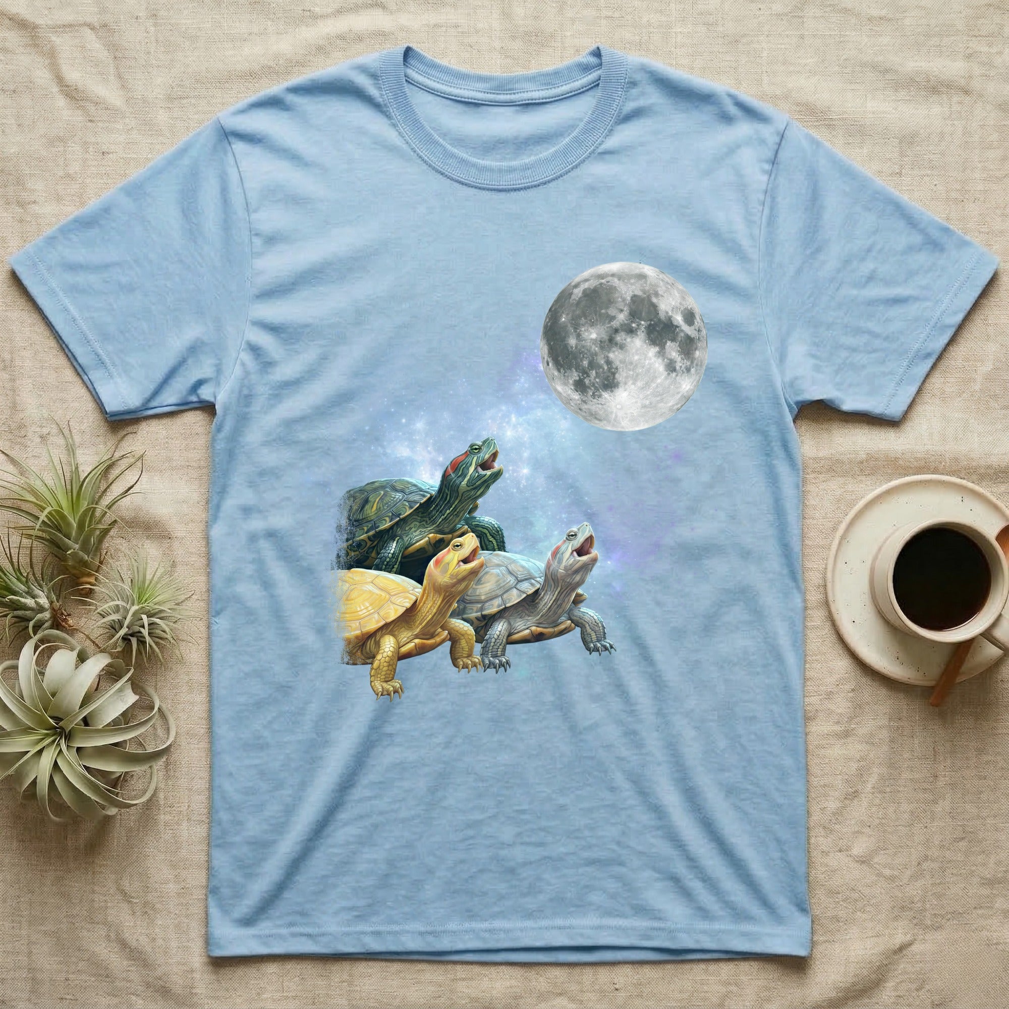 Red-Eared Slider Moon Howl T-Shirt in Light Blue — Three Red-Eared Slider colour morphs howling at a full moon over a nebula on a dark grey t-shirt.
