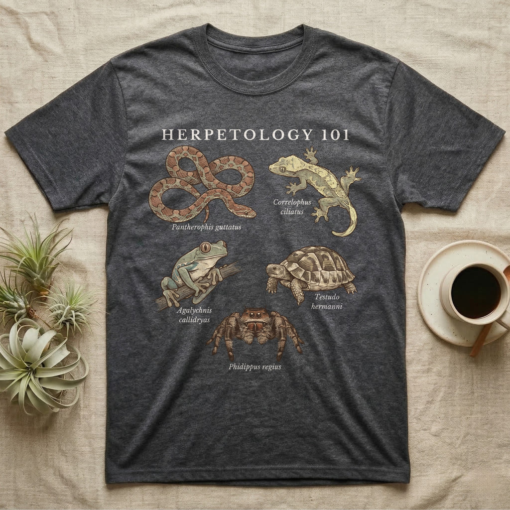 Herpetology 101 Reptile T-Shirt in Dark Heather — Vintage naturalist specimen plate of five terrarium animals arranged as a Herpetology 101 field-guide roster.