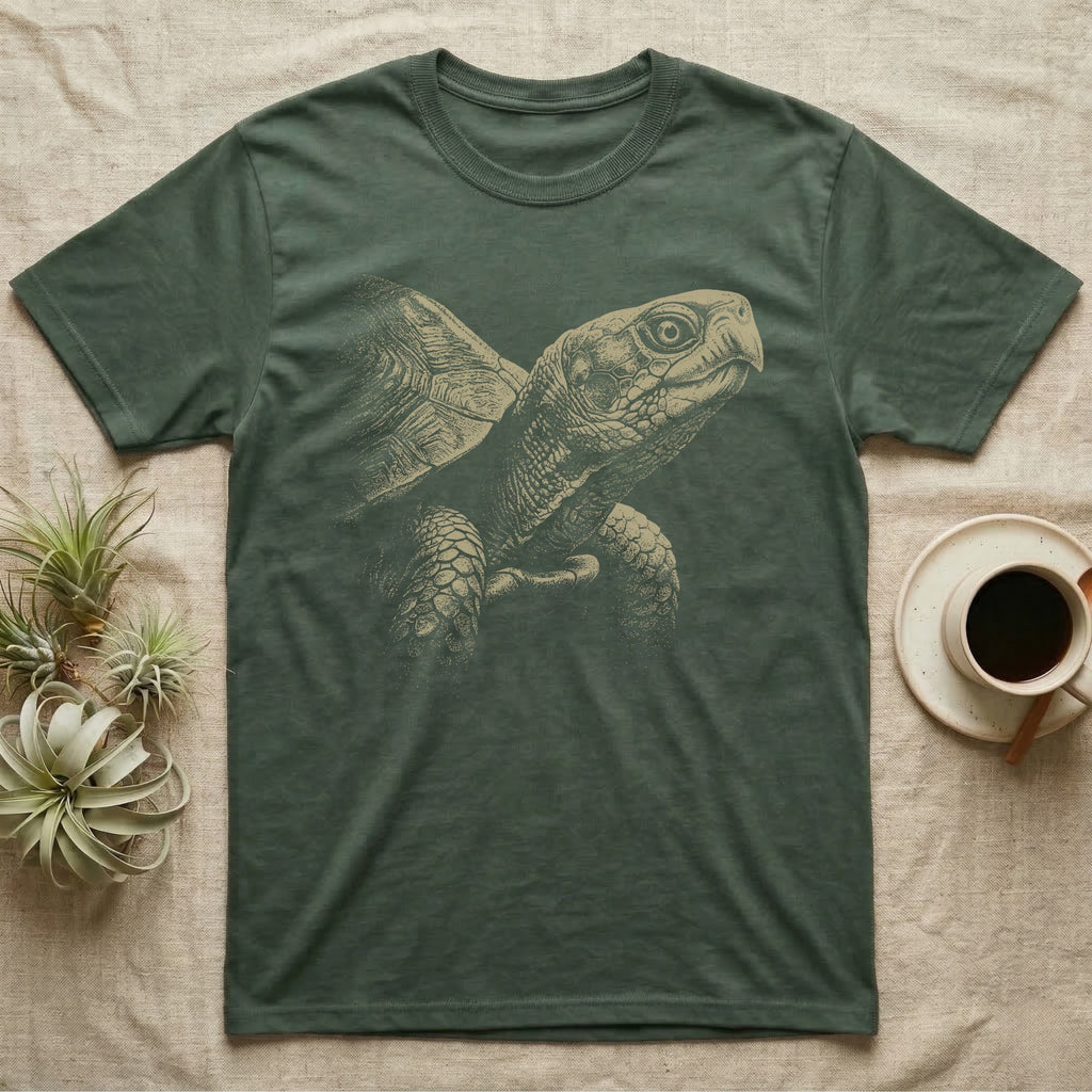 Box Turtle Portrait T-Shirt in Military Green — Single-ink eastern box turtle portrait in near-profile, lit hard from one side and dissolving into black.