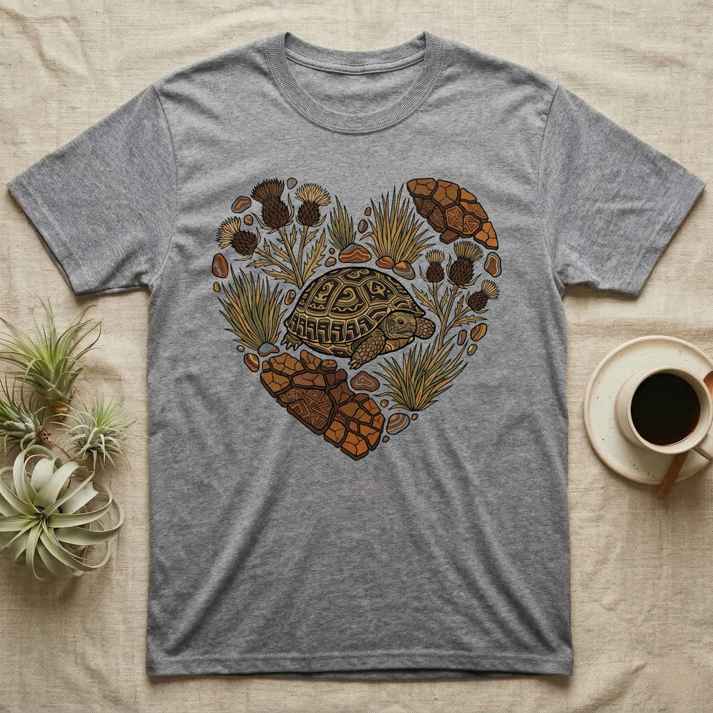 Grey t-shirt with a heart-shaped design of a turtle and desert plants.