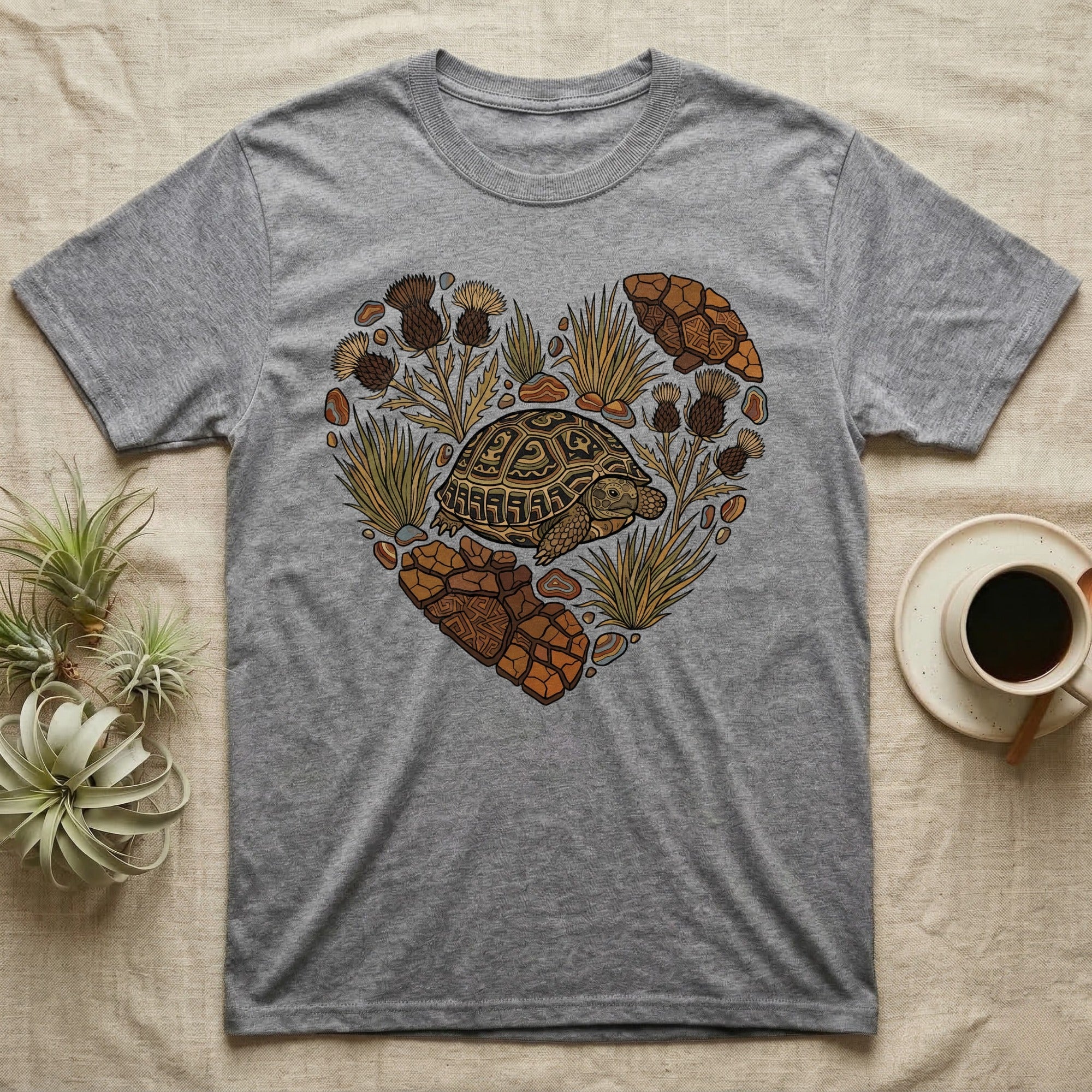 Grey t-shirt with a heart-shaped design of a turtle and desert plants.