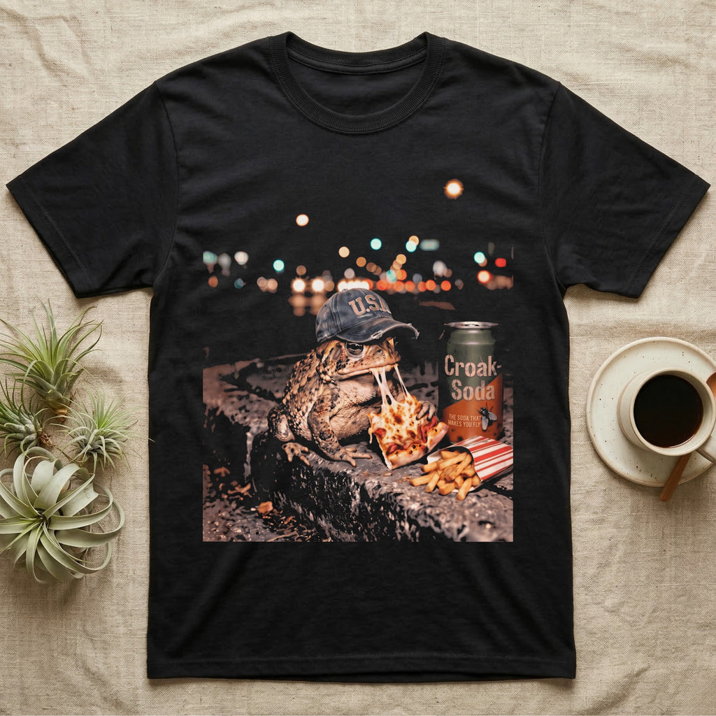 American Toad Street Food T-Shirt in Black — American toad in a U.S.A cap eating pizza and fries on a night-time city curb in gritty halftone.