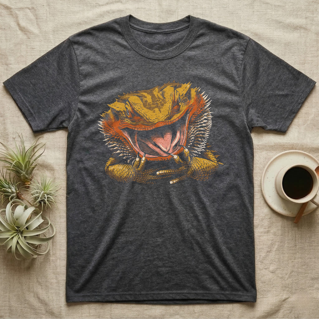Vintage ink illustration of a bearded dragon head with its mouth wide open, tongue out, front claws raised, no on-shirt text. — shown on a Dark Heather tee.