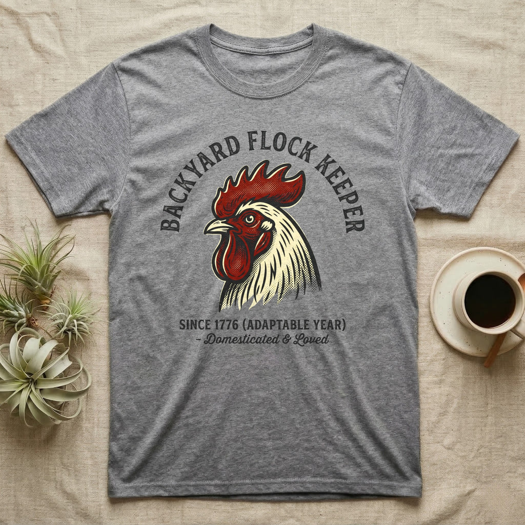 Gray t-shirt with "Backyard Flock Keeper" and rooster design.