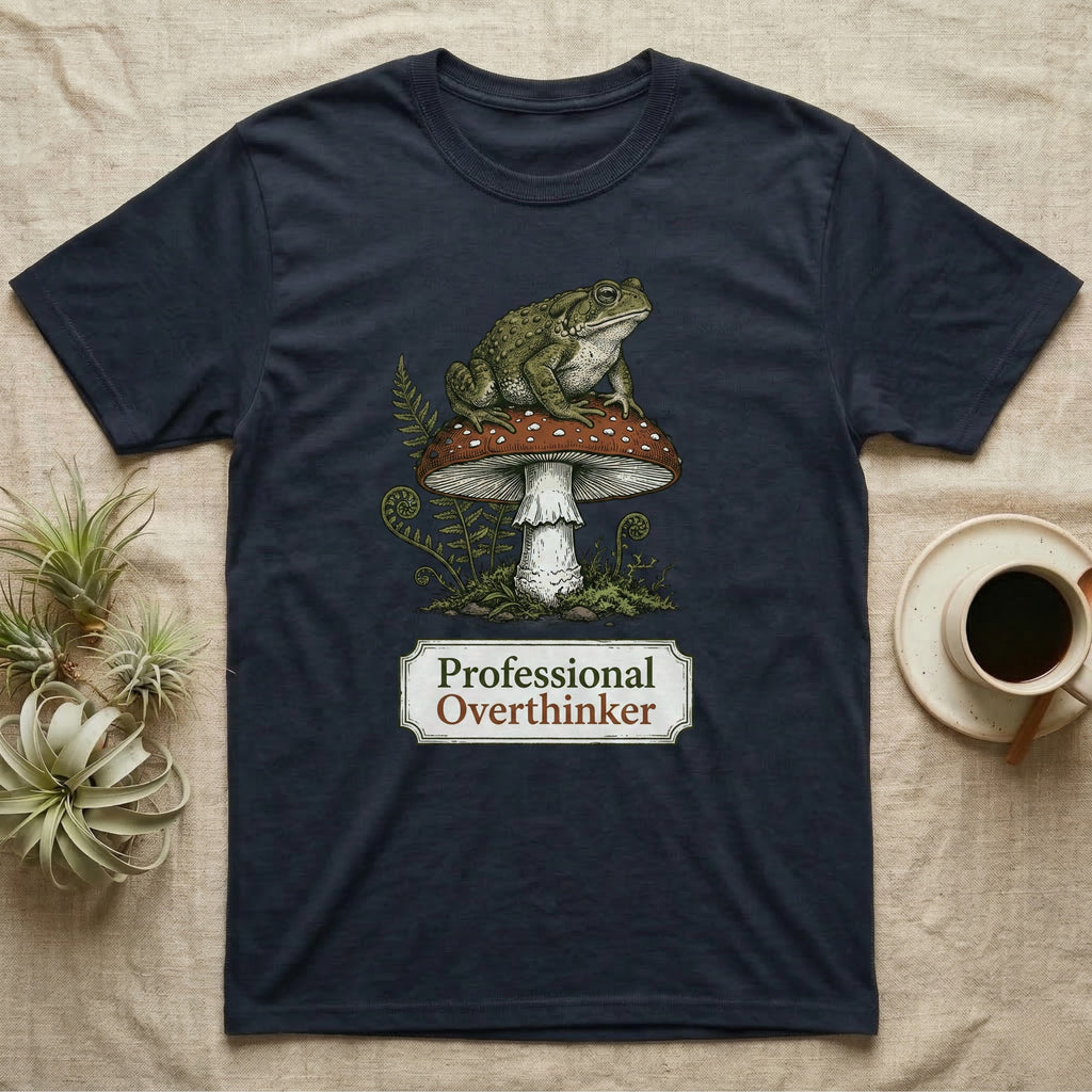 Dark t-shirt with a frog on a mushroom, saying "Professional Overthinker".