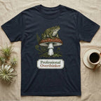 Dark t-shirt with a frog on a mushroom, saying "Professional Overthinker".