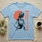 Bearded Dragon Hall Monitor T-Shirt in Light Blue — Coarse halftone illustration of a bearded dragon mid-stride, a distressed vermilion disc behind and HALL MONITOR alongside.