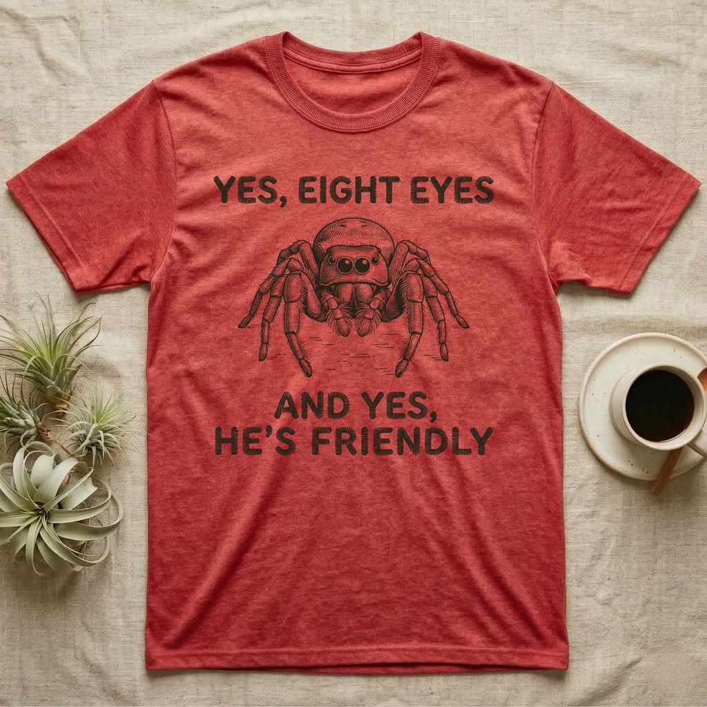 Jumping Spider Eight Eyes T-Shirt in Heather Red — Engraved jumping spider head-on with large forward eyes, between stitch-look lettering on grey.