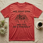 Jumping Spider Eight Eyes T-Shirt in Heather Red — Engraved jumping spider head-on with large forward eyes, between stitch-look lettering on grey.