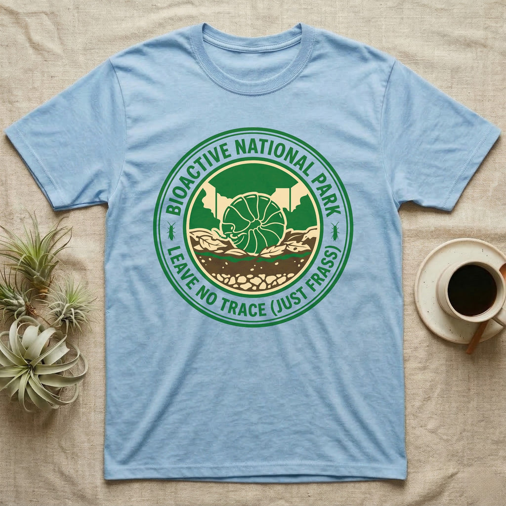 Pillbug Bioactive National Park T-Shirt in Light Blue — Green ranger badge with a rolled pillbug in a cross-sectioned bioactive enclosure and springtail stars.
