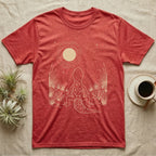Leopard Gecko Moon T-Shirt in Heather Red — Scratchboard illustration of a leopard gecko seen from behind, looking up at a scratched moon over dry grasses.