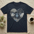 Dark blue t-shirt with a heart-shaped graphic of a beetle and natural elements.