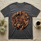 Ball Python Stump Coil T-Shirt in Dark Heather — Pyrography-style illustration of a ball python threaded through the charred radial cracks of a cross-section log, no on-shirt text.