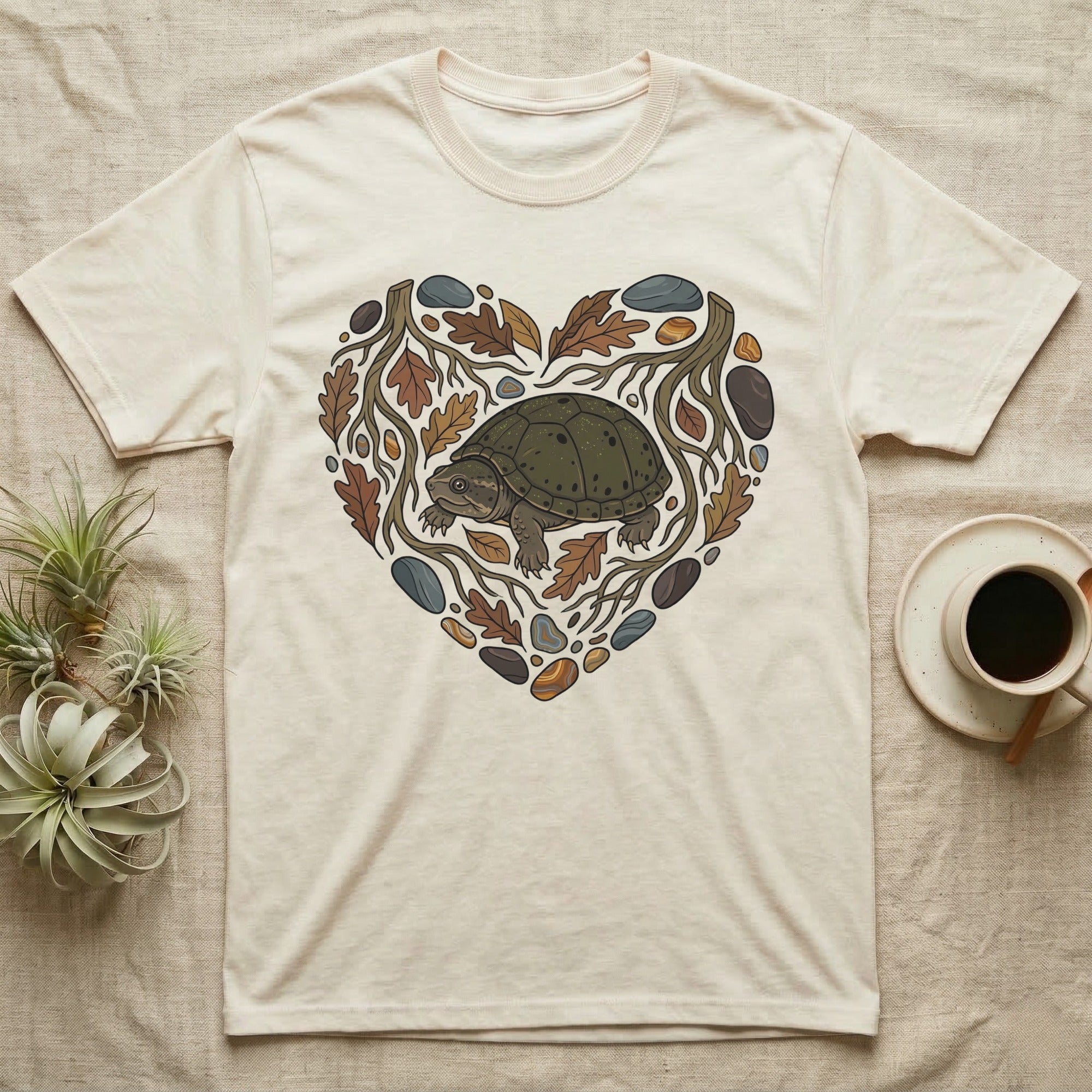 T-shirt with a heart design of a turtle and autumn leaves.