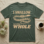 Corn Snake Lump T-Shirt in Military Green — Cream scale-mosaic corn snake on black with an oval bulge behind its neck under cream words: I SWALLOW my feelings WHOLE