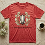 Zebra Isopod Copperplate T-Shirt in Heather Red — Copperplate engraving of a banded zebra isopod wreathed in oak leaves above serif dirt puppy text.