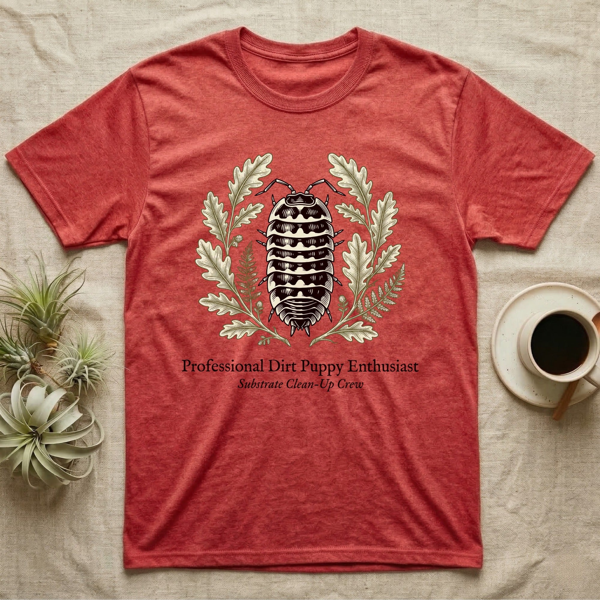 Zebra Isopod Copperplate T-Shirt in Heather Red — Copperplate engraving of a banded zebra isopod wreathed in oak leaves above serif dirt puppy text.