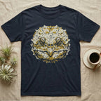 Alligator Snapper Face T-Shirt in Navy — Two-ink stencil of an alligator snapping turtle face, head-on, hooked beak closed, olive-gold eyes on black.