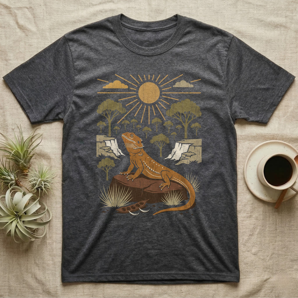Bearded Dragon Home Range T-Shirt in Dark Heather — Woodcut-style illustration of a bearded dragon basking on a boulder under a full sun with arid scrub trees and escarpments behind, no on-shirt text.