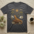 Bearded Dragon Home Range T-Shirt in Dark Heather — Woodcut-style illustration of a bearded dragon basking on a boulder under a full sun with arid scrub trees and escarpments behind, no on-shirt text.