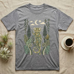 Crested Gecko Rainforest T-Shirt in Sport Grey — Linocut-style crested gecko clinging to a branch under a crescent moon, framed by rainforest ferns, pines and leaves.