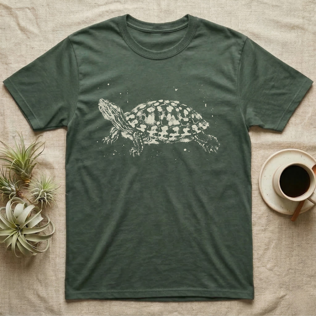 Red-Eared Slider Bleach T-Shirt in Military Green — Red-eared slider in side view basking with its neck stretched out, made of pale bleach spatter on black