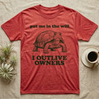 Box Turtle Inheritance T-Shirt in Heather Red — Engraved eastern box turtle standing head-on between the words put me in the will and I OUTLIVE OWNERS.