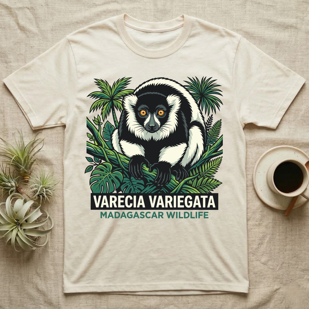 T-shirt featuring a black and white varecia variegata lemur with text "Varecia Variegata Madagascar Wildlife".